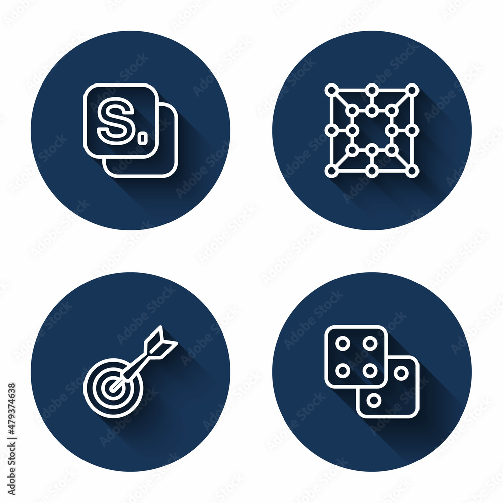 Set line Bingo, Board game, Classic dart board and arrow and Game dice with long shadow. Blue circle button. Vector Set line Bingo, Board game, Classic dart board and arrow and Game dice with long shadow. Blue circle button. Vector