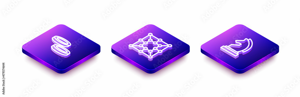 Set Isometric line Checker game chips, Board and Chess icon. Vector Set Isometric line Checker game chips, Board and Chess icon. Vector