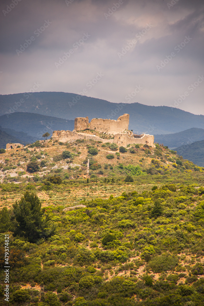Aguilar Cathar Castle on a Cloudy Spring Day in Aude, France