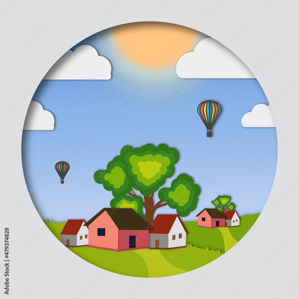 Beautiful design with views of the village house and above the sun and Aire balloon. paper cut style Beautiful design with views of the village house and above the sun and Aire balloon. paper cut style