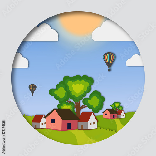 Beautiful design with views of the village house and above the sun and Aire balloon. paper cut style