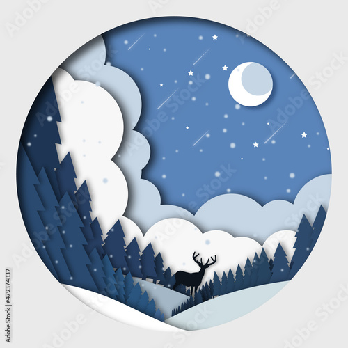 winter 3d abstract paper cut illustration of deer in the forest snow. moon and stars in the night