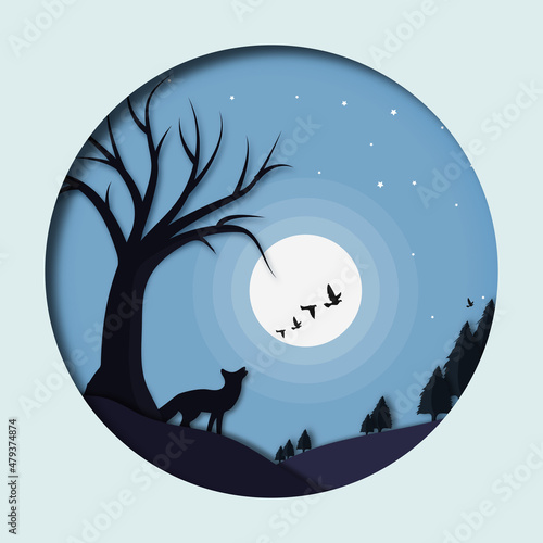 3d abstract paper cut illustration of fox in the forest snow. moon and stars in the night