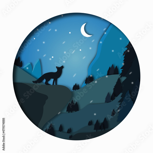 3d abstract paper cut illustration of fox in the forest snow. moon and stars in the night