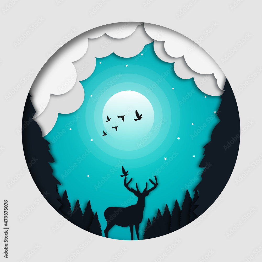 winter 3d abstract paper cut illustration of deer in the forest snow. moon and stars in the night