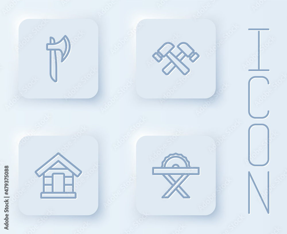 Set line Wooden axe, Crossed hammer, Dog house and Electric circular saw. White square button. Vector