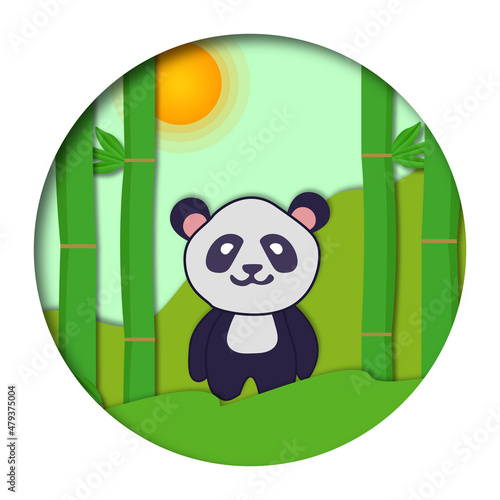 panda and bamboo illustration paper cut style design. funny animals with bamboo and cute panda bear