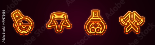 Set line Electric circular saw, Tree stump, Grapple crane grabbed log and Wooden axe. Glowing neon icon. Vector