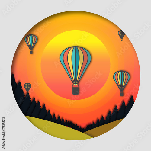 Vector of summer poster and Flat sunset background with palm trees with birds and also hot Aire balloon