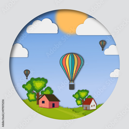Beautiful design with views of the village house and above the sun and Aire balloon. paper cut style