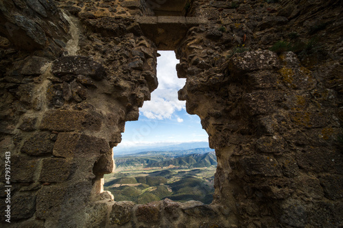 Fototapeta Naklejka Na Ścianę i Meble -  View of Aude Valley and Landscape from Queribus Cathar Castle Window Opening on a Sunny Day in France