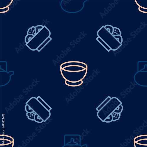 Set line Traditional tea ceremony, Chow mein plate and Soy sauce bowl on seamless pattern. Vector