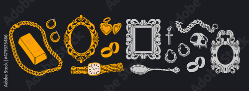 Gold and Silver set. Precious jewelry concept. Eearrings, engagement wedding rings, silver chain, bracelet, cross, spoon, elegant vintage frame, golden watch. Hand drawn modern Vector illustration