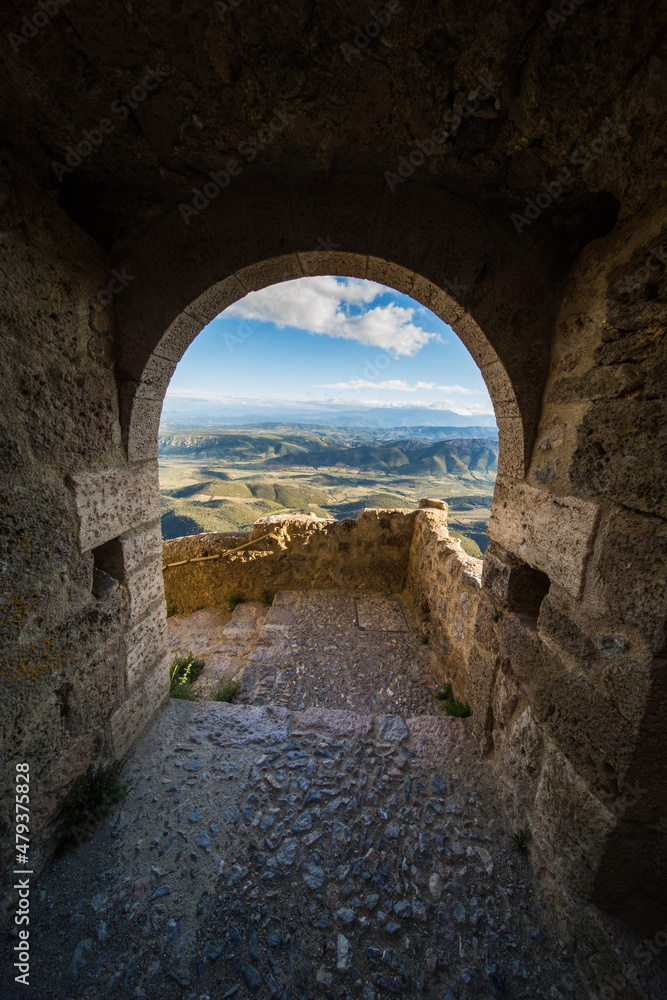 View of Aude Valley and Landscape from Queribus Cathar Castle Entrance Door on a Sunny Day in France