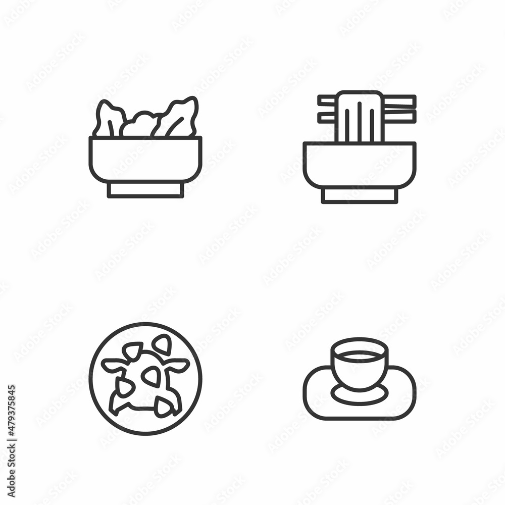 Set line Soy sauce in bowl, Kung Pao chicken, Wonton and Asian noodles icon. Vector Set line Soy sauce in bowl, Kung Pao chicken, Wonton and Asian noodles icon. Vector
