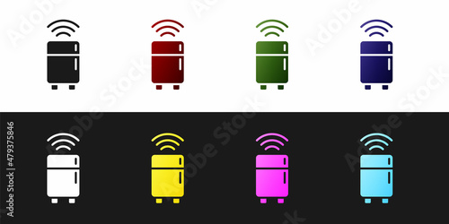 Set Smart refrigerator icon isolated on black and white background. Fridge freezer refrigerator. Internet of things concept with wireless connection. Vector
