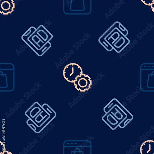 Set line Online shopping on screen, Advertising and Time management on seamless pattern. Vector