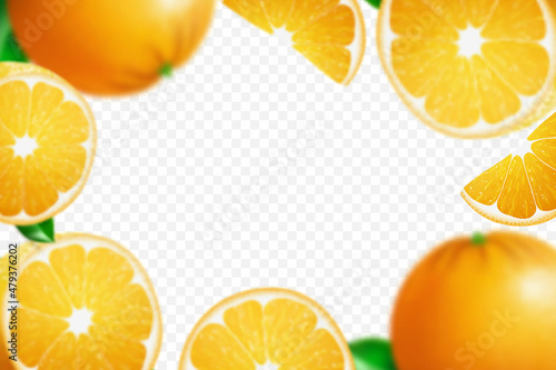 Falling juicy oranges with green leaves isolated on transparent background. Flying defocusing slices of oranges. Applicable for fruit juice advertising. Realistic 3d Vector illustration.