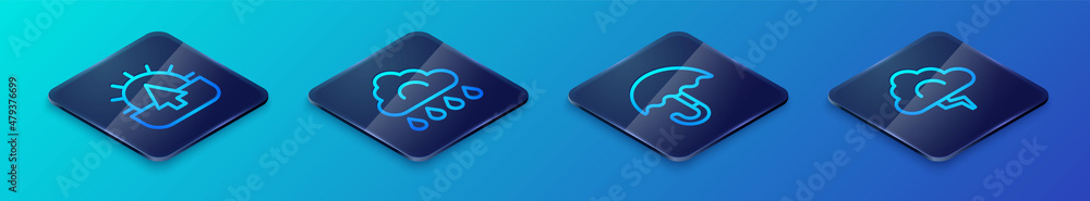 Set Isometric line Umbrella, Sunrise, Cloud and lightning and with rain icon. Vector Set Isometric line Umbrella, Sunrise, Cloud and lightning and with rain icon. Vector
