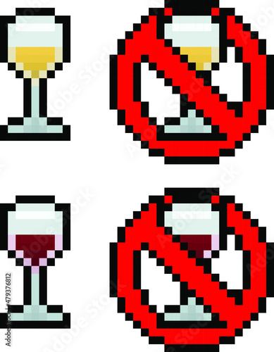 Pixel 8 bit wine pack and no drinking signs - vector, isolated