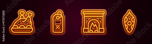 Set line Roasted turkey or chicken, Discount percent tag, Interior fireplace and Christmas toy. Glowing neon icon. Vector