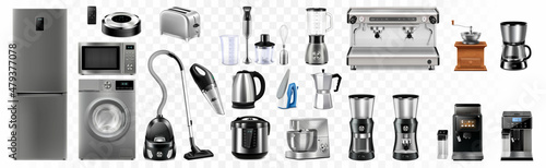 Vector realistic set of household and kitchen appliances isolated on white background. Microwave, refrigerator, washing-machine, toaster, multi-cooker, kettle, blender,
