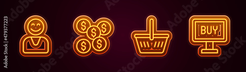 Set line Happy customer, Dollar symbol, Shopping basket and Buy button. Glowing neon icon. Vector