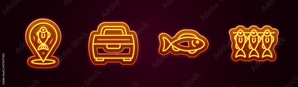 Set line Location fishing, Case or box for equipment, Fish and Dried. Glowing neon icon. Vector Set line Location fishing, Case or box for equipment, Fish and Dried. Glowing neon icon. Vector
