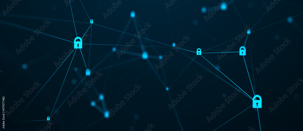 Fototapeta premium Cybersecurity. Abstract connections background. Network connected with locks. Big data analysis. 3d rendering illustration