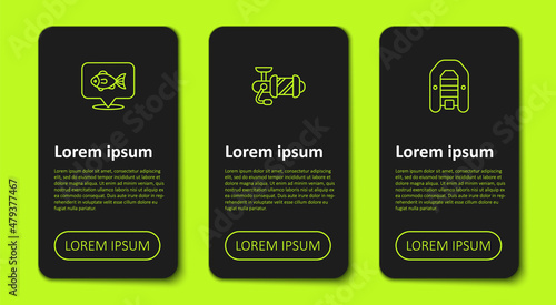 Set line Location fishing, Spinning reel for and Inflatable boat with motor. Business infographic template. Vector