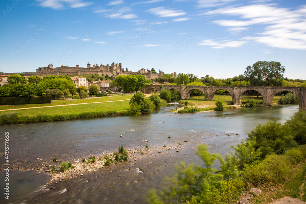 Panoramic View of Carcassonne Medieval Citadel and Aude River and River Banks on a Sunny Summer Day