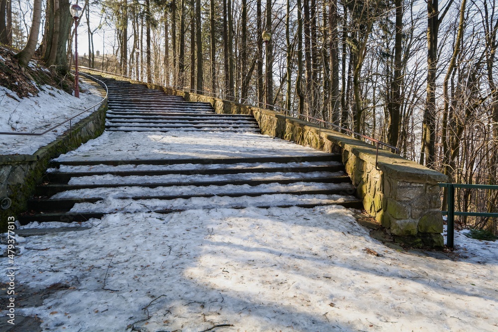 Hostyn. Stairs from the source of holy water to the basilica in winter. East Moravia. Europe. 