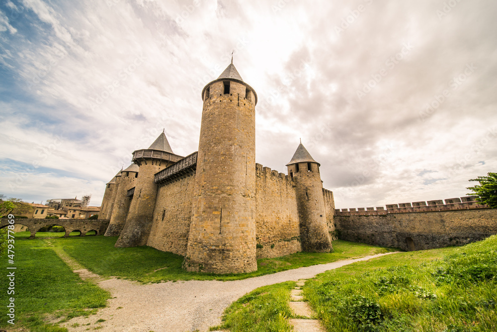 Side View of Carcassonne Medieval Citadel (Cité Médiévale) Comtal Castle