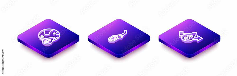 Set Isometric line Oil drop with dollar symbol, Gasoline pump nozzle and price increase icon. Vector Set Isometric line Oil drop with dollar symbol, Gasoline pump nozzle and price increase icon. Vector