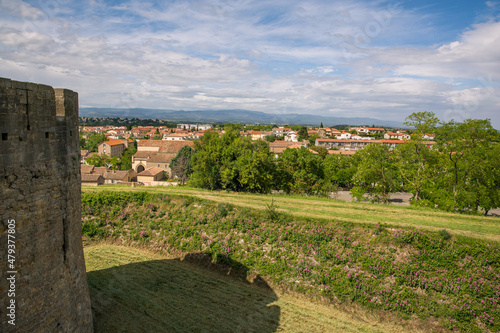 View of Carcassonne City from its Medieval Citadel (Cité Médiévale) and Moat in France