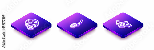 Set Isometric line Oil drop with dollar symbol, Gasoline pump nozzle and price increase icon. Vector