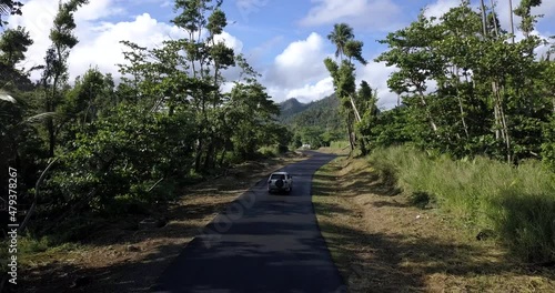 4K Aerial Footage of the Wild coast of Dominica Island and the road with passing cars, Caribbean Sea photo