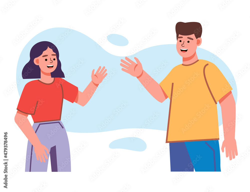 Obraz premium two people, a girl and a guy, greet each other and stand opposite each other. young students greet each other