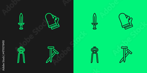 Set line Metallic nails, Blacksmith pliers tool, Medieval sword and Protective gloves icon. Vector