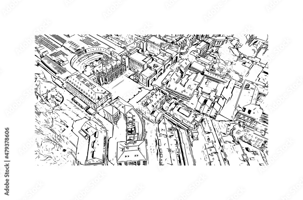 Building view with landmark of Louvain la Neuve is a planned village in the municipality of Ottignies. Hand drawn sketch illustration in vector.