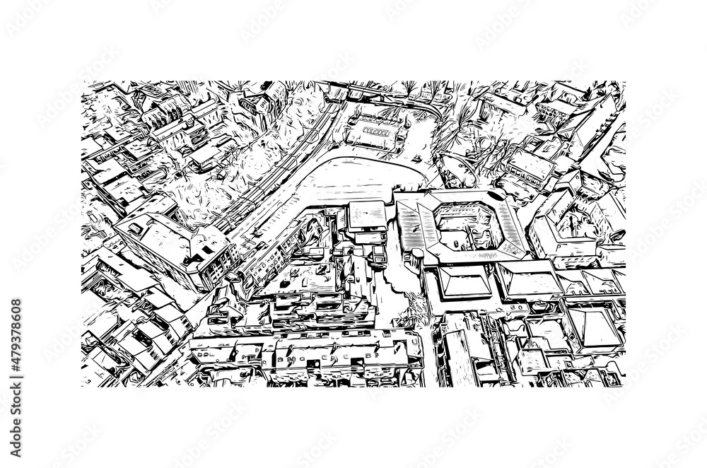 Building view with landmark of Louvain la Neuve is a planned village in the municipality of Ottignies. Hand drawn sketch illustration in vector. Building view with landmark of Louvain la Neuve is a planned village in the municipality of Ottignies. Hand drawn sketch illustration in vector.