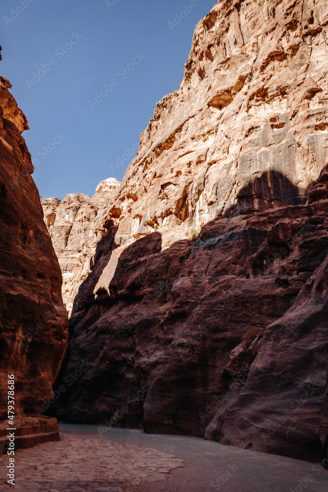 Red mountains. Tops of the canyon of the ancient city of Petra. Jordan.