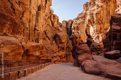 Red mountains. Canyon of the ancient city of Petra. Jordan.