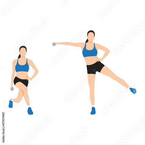 Woman doing Curtsy lunge side kick lateral raise exercise. Flat vector illustration isolated on white background