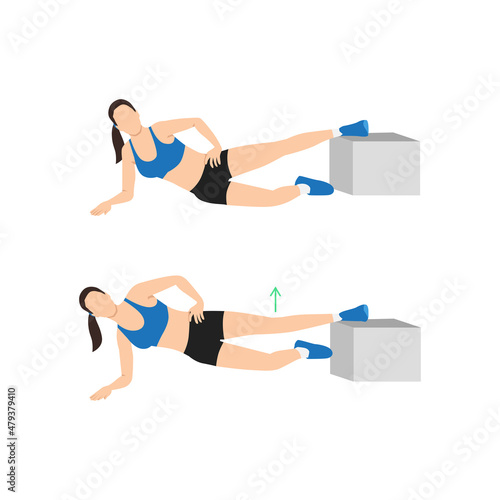 Woman doing Inner Thigh Raise to plank exercise flat vector illustration isolated on white background