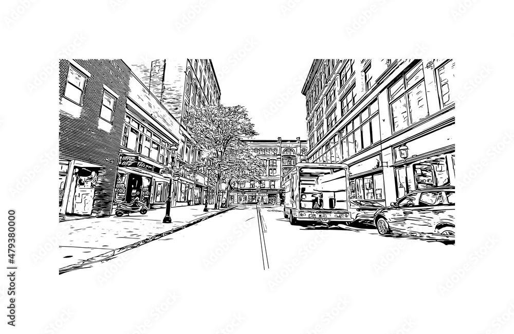 Building view with landmark of Lowell is a city in Massachusetts. Hand drawn sketch illustration in vector