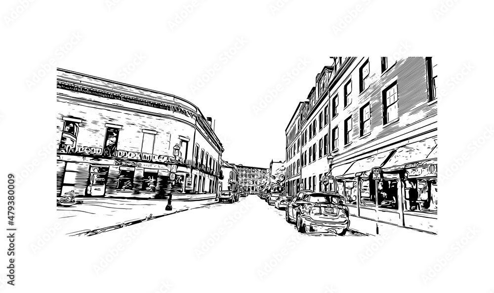 Building view with landmark of Lowell is a city in Massachusetts. Hand drawn sketch illustration in vector