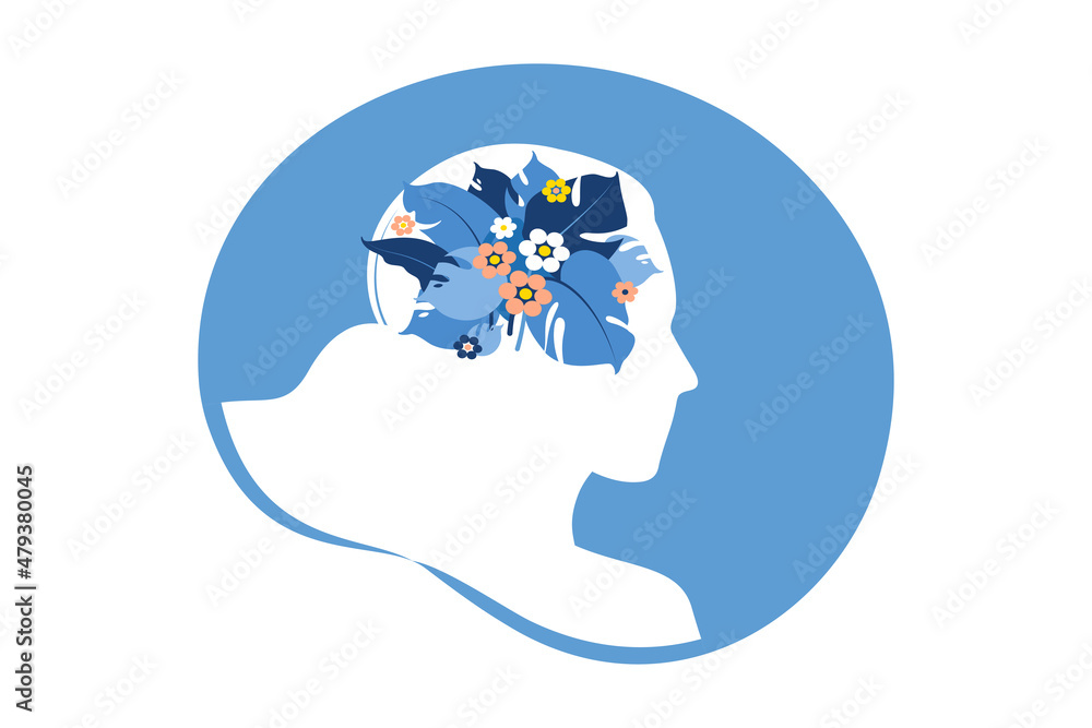 Mental health, happiness, harmony concept. Happy female head with flowers inside. Mindfulness, positive thinking, self care idea. Vector illustration. Flat.