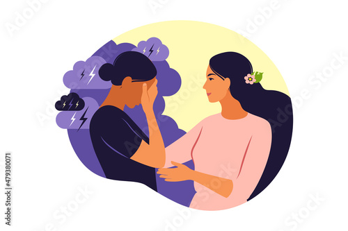 Psychotherapy or psychology support concept. Two woman different states of consciousness mind - depression and positive mental health mood. Vector illustration. Flat photo