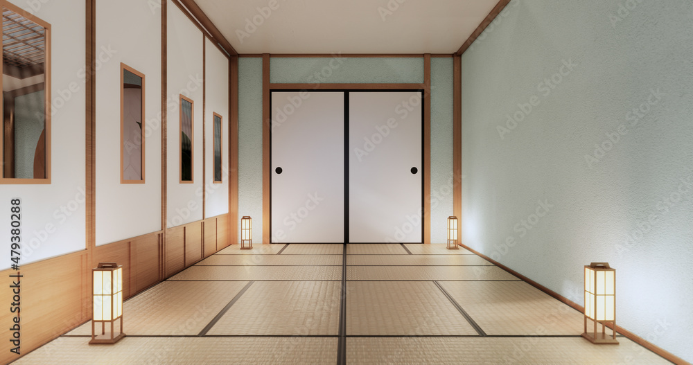 japan interior design,modern . mint living room. 3d illustration, 3d rendering